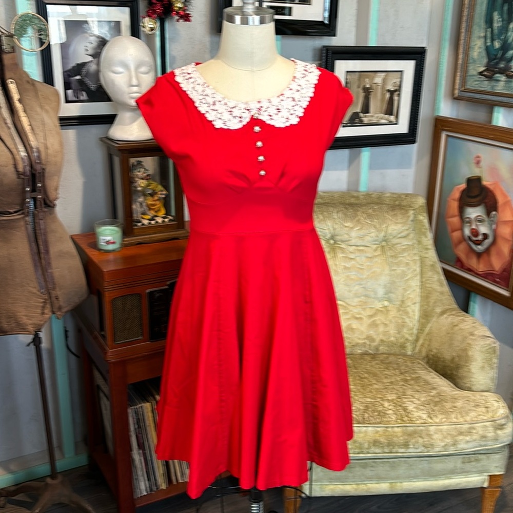 Large red miusol dress with white lace collar